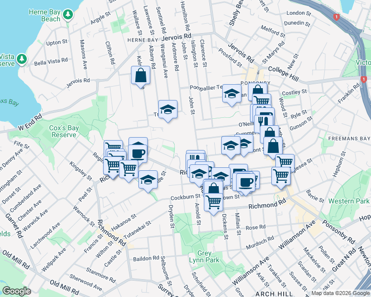map of restaurants, bars, coffee shops, grocery stores, and more near 183 Richmond Road in Auckland
