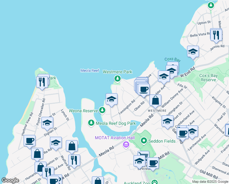 map of restaurants, bars, coffee shops, grocery stores, and more near 24 Westmere Park Avenue in Auckland