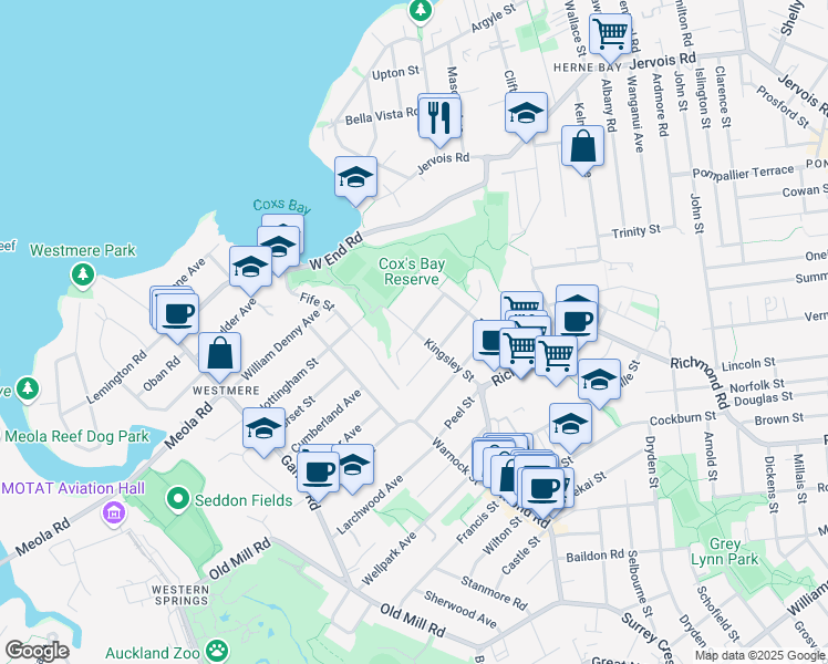 map of restaurants, bars, coffee shops, grocery stores, and more near Kingsley Street in Auckland