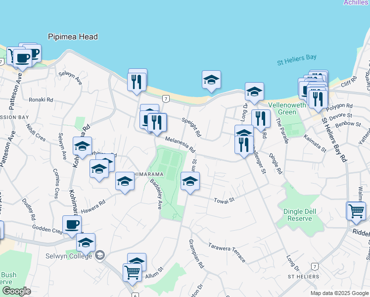 map of restaurants, bars, coffee shops, grocery stores, and more near 71 Melanesia Road in Auckland