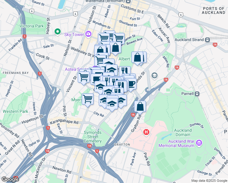 map of restaurants, bars, coffee shops, grocery stores, and more near 76 Wakefield Street in Auckland