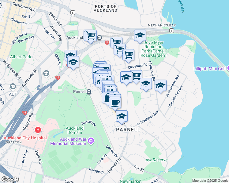 map of restaurants, bars, coffee shops, grocery stores, and more near 16 Scarborough Terrace in Auckland