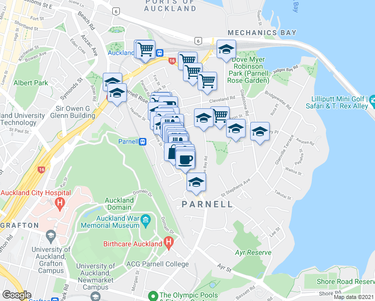 map of restaurants, bars, coffee shops, grocery stores, and more near Scarborough Terrace in Auckland