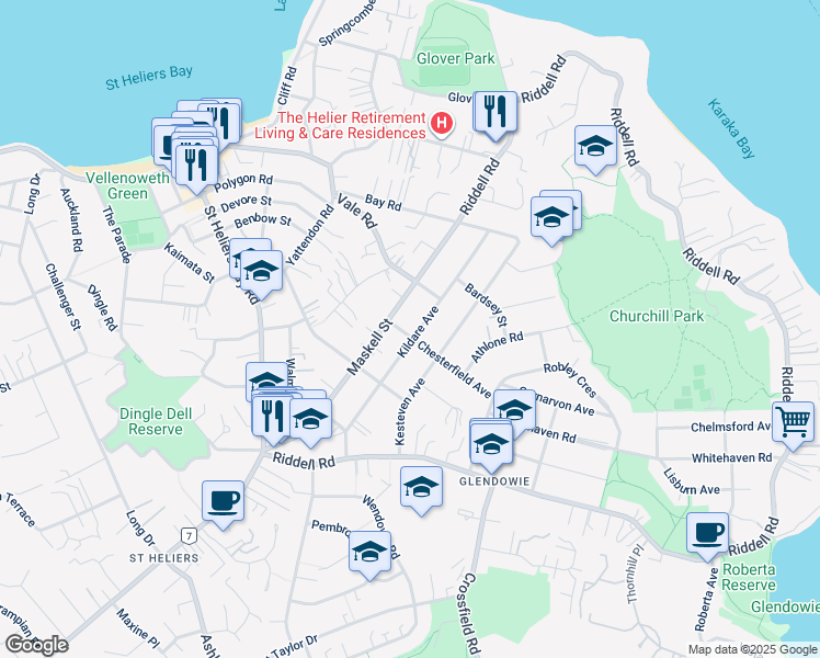 map of restaurants, bars, coffee shops, grocery stores, and more near 40 Kildare Avenue in Auckland