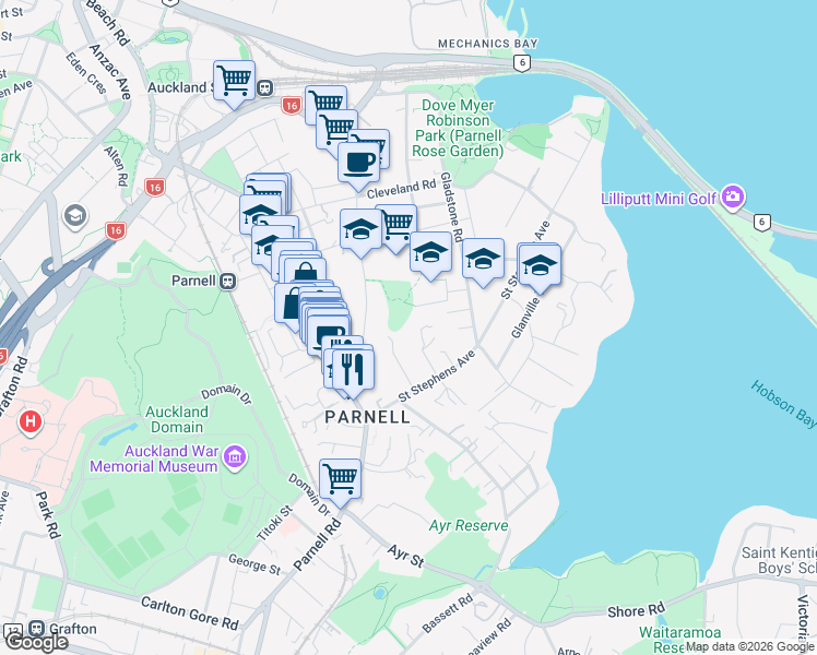map of restaurants, bars, coffee shops, grocery stores, and more near 16 Burrows Avenue in Auckland