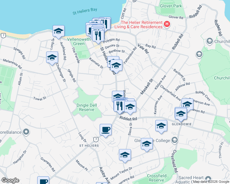 map of restaurants, bars, coffee shops, grocery stores, and more near 123 Saint Heliers Bay Road in Auckland