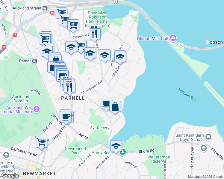 map of restaurants, bars, coffee shops, grocery stores, and more near Takutai Street in Auckland