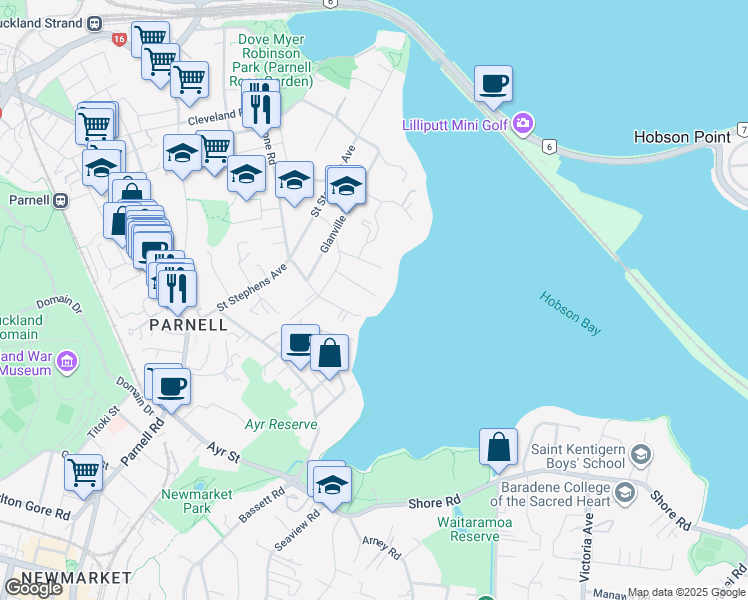 map of restaurants, bars, coffee shops, grocery stores, and more near 23 Logan Terrace in Auckland