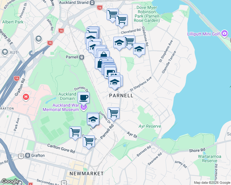 map of restaurants, bars, coffee shops, grocery stores, and more near 387 Parnell Road in Auckland