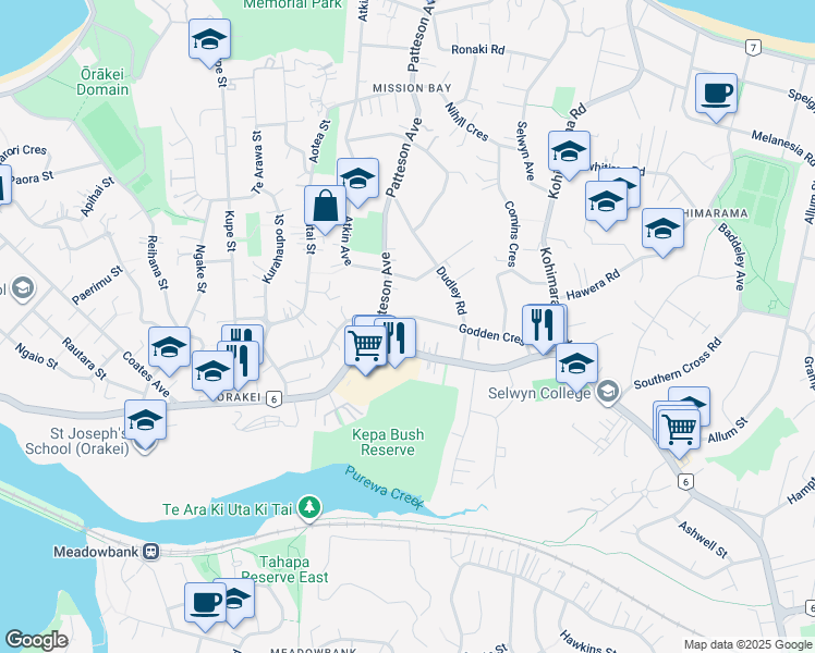map of restaurants, bars, coffee shops, grocery stores, and more near 45 Godden Crescent in Auckland