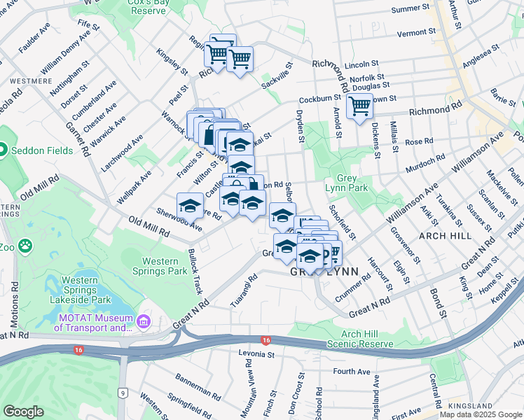 map of restaurants, bars, coffee shops, grocery stores, and more near 19 Surrey Crescent in Auckland