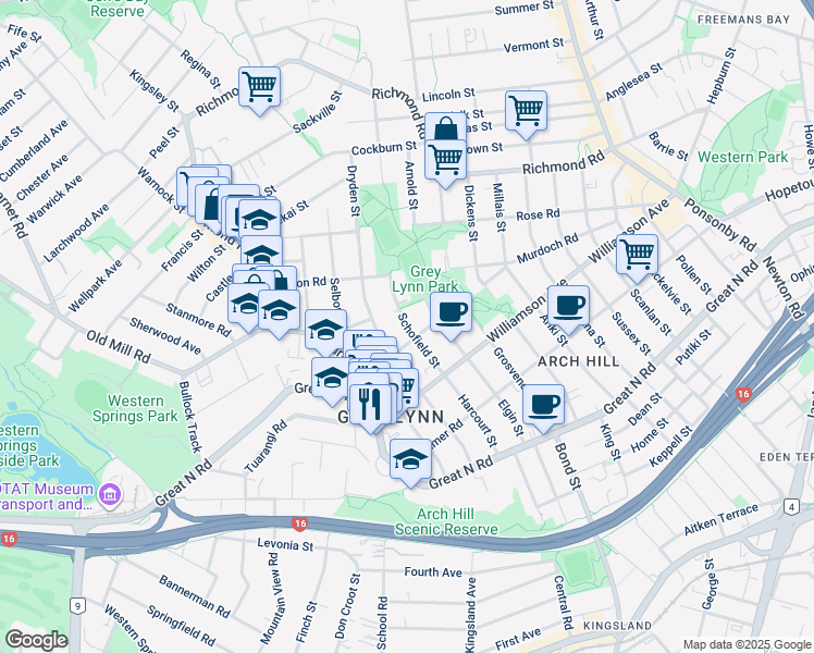 map of restaurants, bars, coffee shops, grocery stores, and more near Schofield Street in Auckland