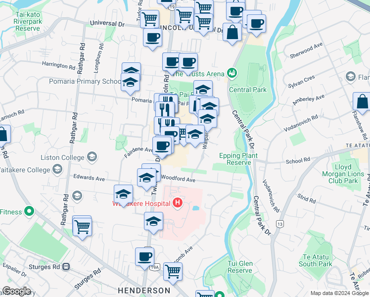 map of restaurants, bars, coffee shops, grocery stores, and more near 111 Lincoln Road in Auckland