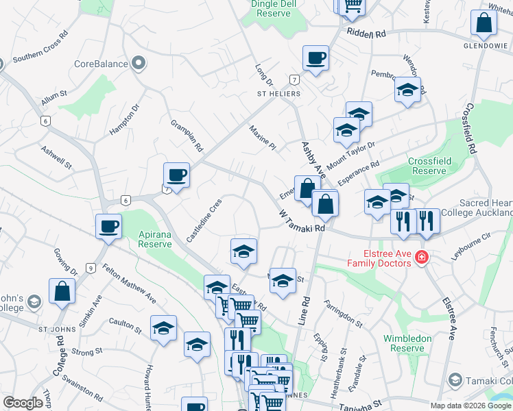 map of restaurants, bars, coffee shops, grocery stores, and more near 60 Castledine Crescent in Auckland