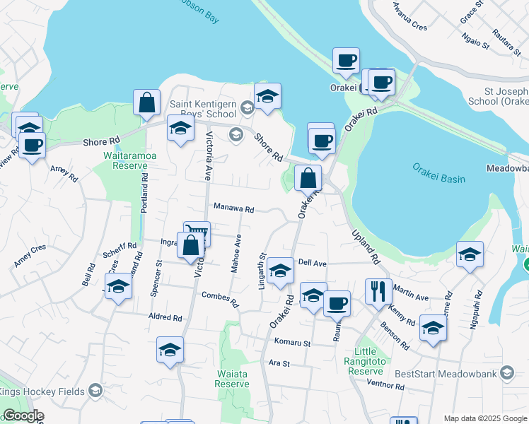 map of restaurants, bars, coffee shops, grocery stores, and more near Manawa Road in Auckland