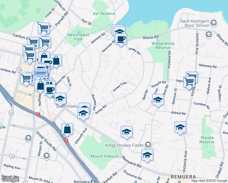 map of restaurants, bars, coffee shops, grocery stores, and more near 11 Arney Crescent in Auckland