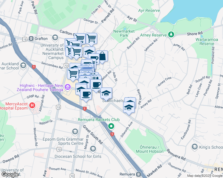 map of restaurants, bars, coffee shops, grocery stores, and more near Belmont Terrace in Auckland