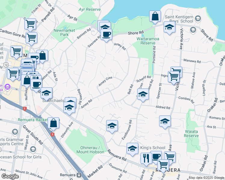 map of restaurants, bars, coffee shops, grocery stores, and more near Arney Road in Auckland