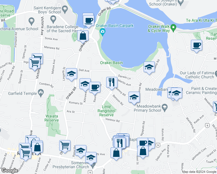 map of restaurants, bars, coffee shops, grocery stores, and more near 60 Benson Road in Auckland