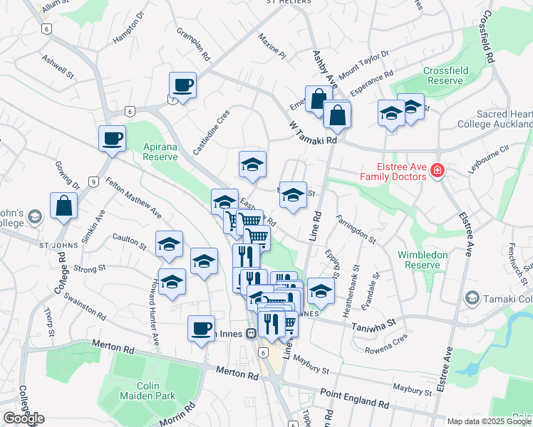 map of restaurants, bars, coffee shops, grocery stores, and more near 30 Eastview Rd in Auckland