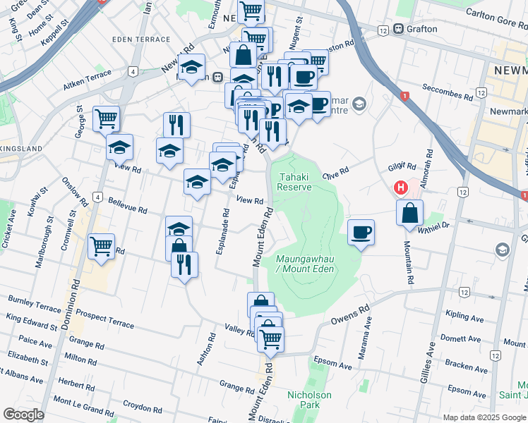 map of restaurants, bars, coffee shops, grocery stores, and more near 277 Mount Eden Road in Auckland