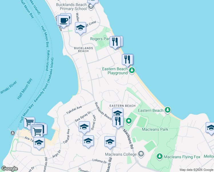 map of restaurants, bars, coffee shops, grocery stores, and more near 11 Malloy Place in Auckland