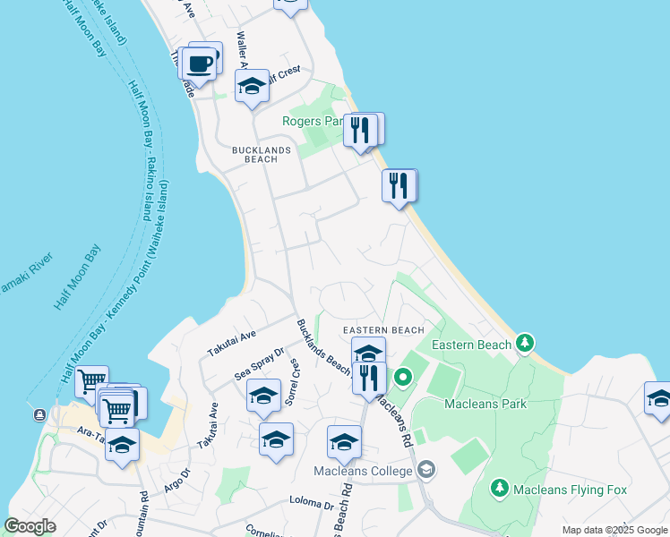 map of restaurants, bars, coffee shops, grocery stores, and more near 11 Malloy Place in Auckland