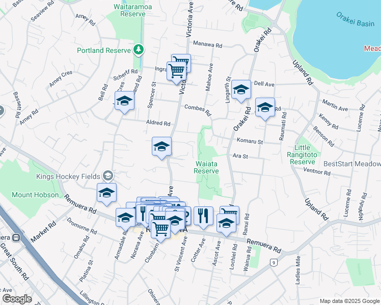 map of restaurants, bars, coffee shops, grocery stores, and more near 83B Victoria Avenue in Auckland