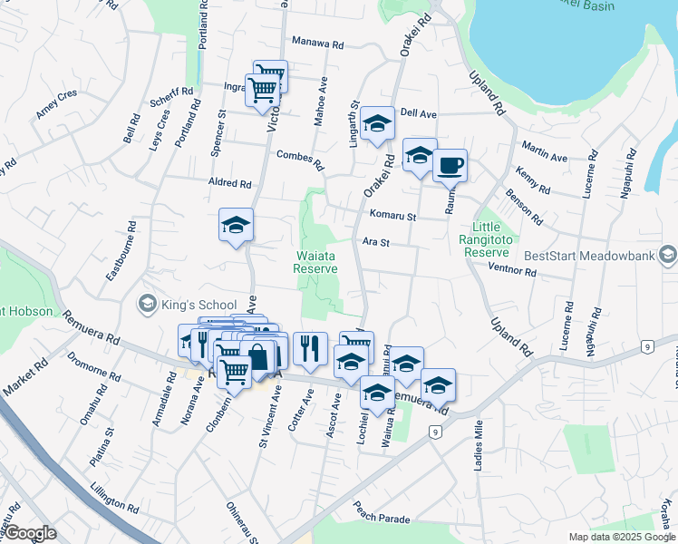 map of restaurants, bars, coffee shops, grocery stores, and more near 58 Orakei Road in Auckland