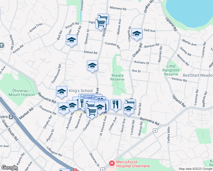 map of restaurants, bars, coffee shops, grocery stores, and more near Waiata Avenue in Auckland
