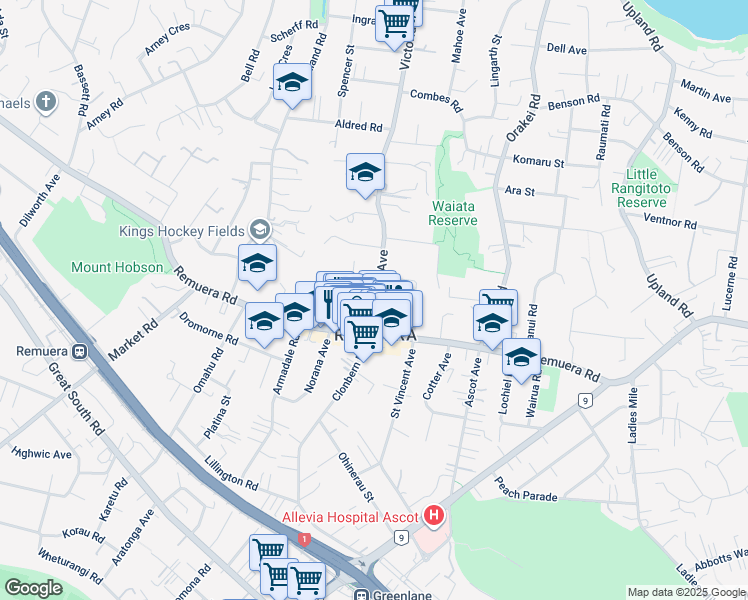 map of restaurants, bars, coffee shops, grocery stores, and more near 14A Victoria Avenue in Auckland