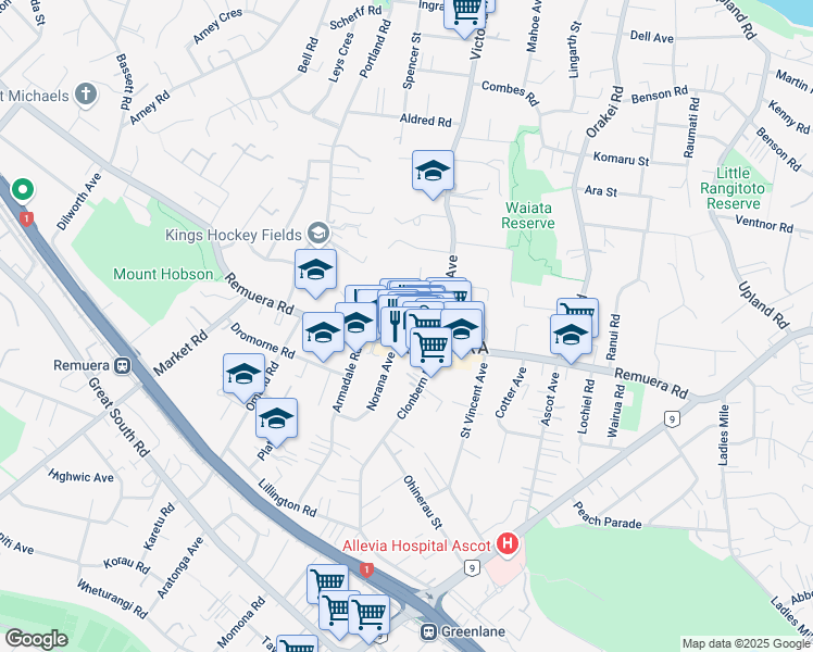 map of restaurants, bars, coffee shops, grocery stores, and more near 3 Garden Road in Auckland