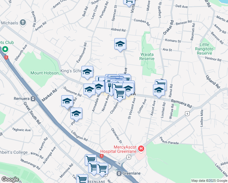 map of restaurants, bars, coffee shops, grocery stores, and more near 320 Remuera Road in Auckland