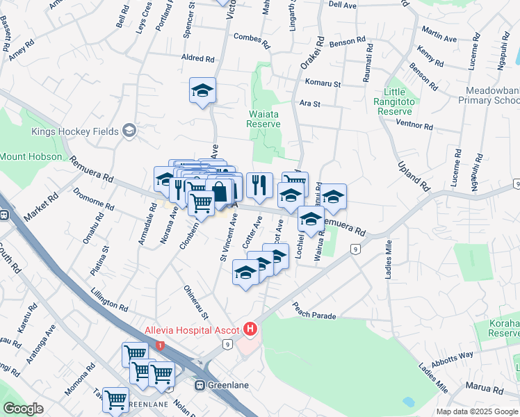 map of restaurants, bars, coffee shops, grocery stores, and more near Remuera Road in Auckland