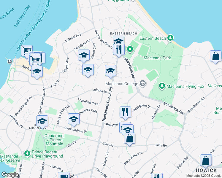 map of restaurants, bars, coffee shops, grocery stores, and more near Bucklands Beach Road in Auckland