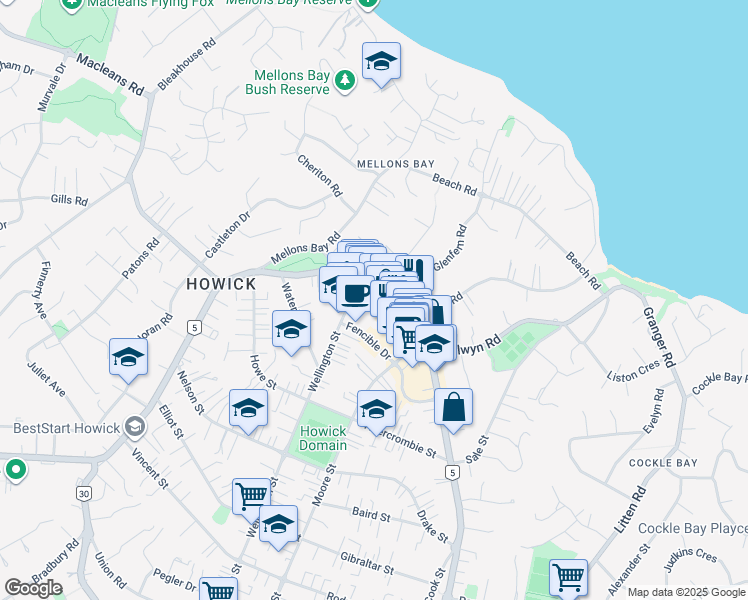 map of restaurants, bars, coffee shops, grocery stores, and more near Picton Street in Auckland