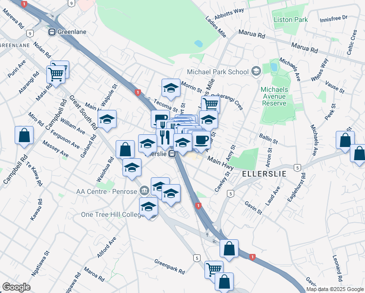 map of restaurants, bars, coffee shops, grocery stores, and more near in Auckland