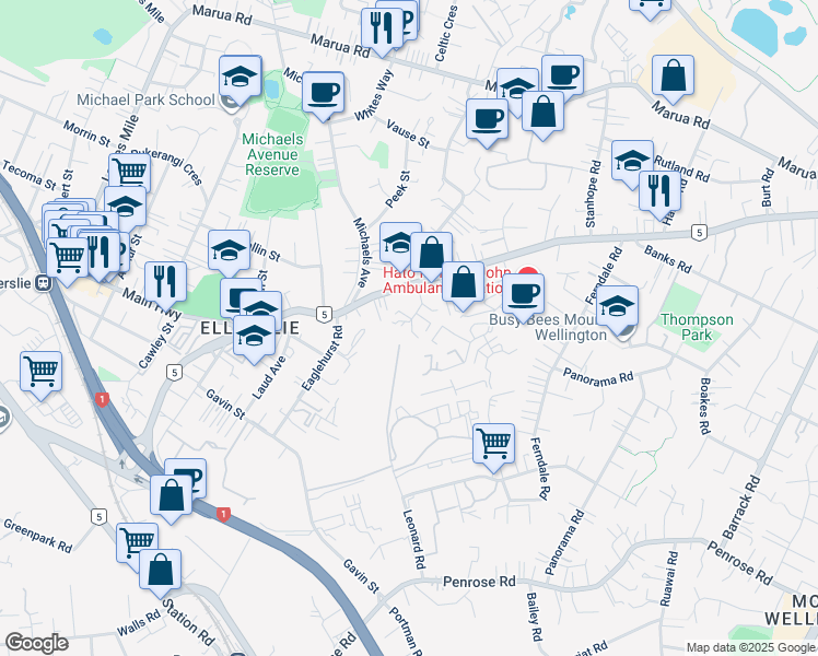 map of restaurants, bars, coffee shops, grocery stores, and more near 12 Alana Place in Auckland