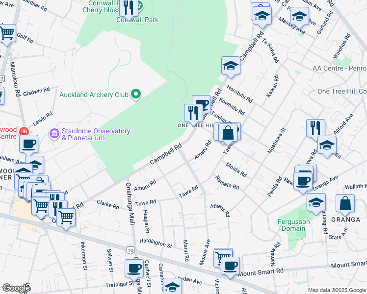 map of restaurants, bars, coffee shops, grocery stores, and more near 148 Moana Avenue in Auckland