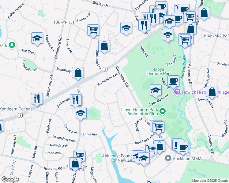 map of restaurants, bars, coffee shops, grocery stores, and more near 1 Tupaki Place in Auckland