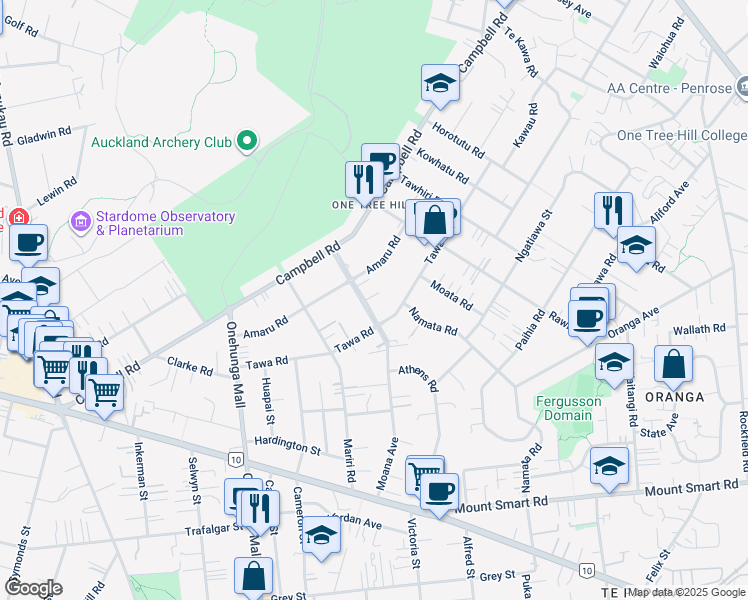 map of restaurants, bars, coffee shops, grocery stores, and more near 65 Moana Avenue in Auckland