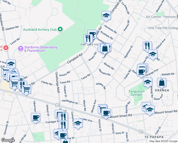 map of restaurants, bars, coffee shops, grocery stores, and more near 60 Moana Avenue in Auckland