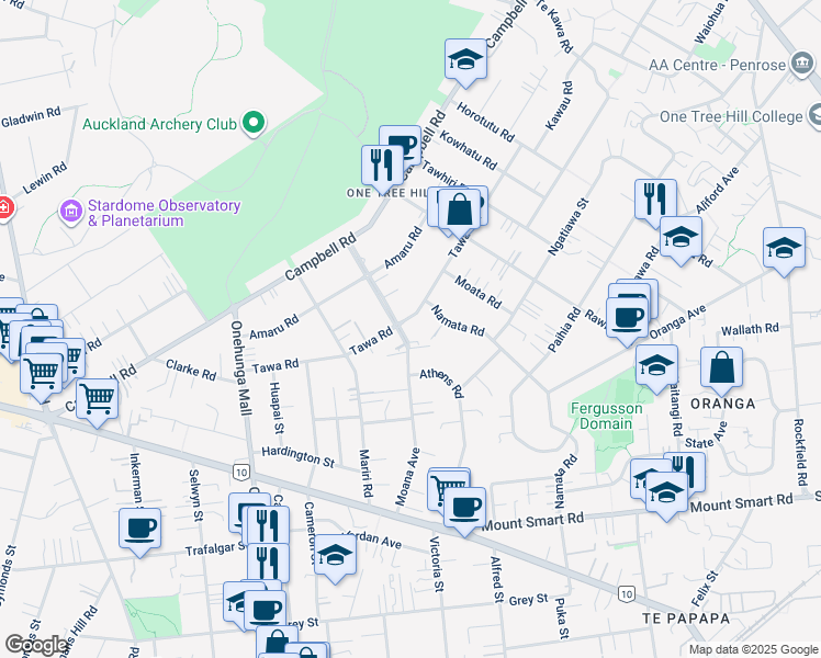 map of restaurants, bars, coffee shops, grocery stores, and more near 53 Moana Avenue in Auckland