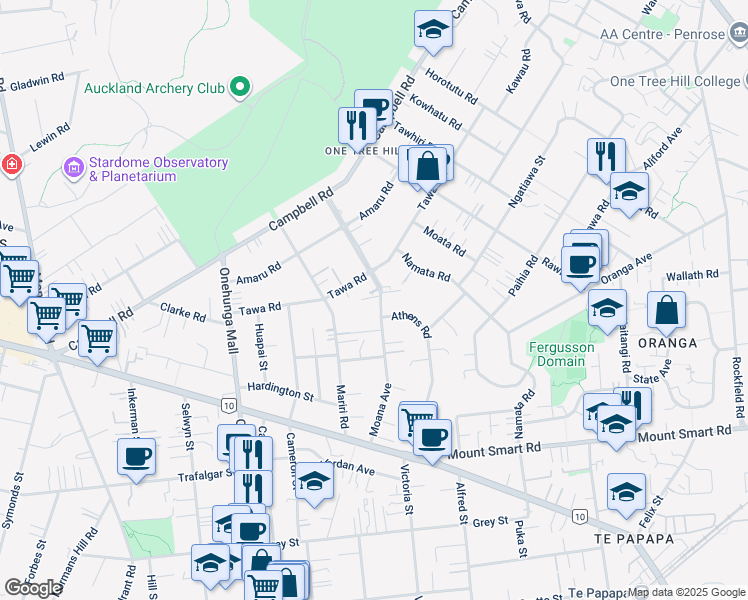 map of restaurants, bars, coffee shops, grocery stores, and more near 46 Moana Avenue in Auckland