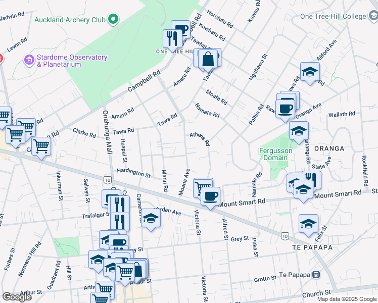 map of restaurants, bars, coffee shops, grocery stores, and more near 33 Moana Avenue in Auckland