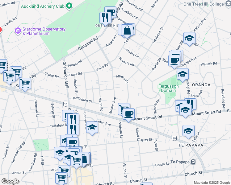 map of restaurants, bars, coffee shops, grocery stores, and more near 25 Moana Avenue in Auckland
