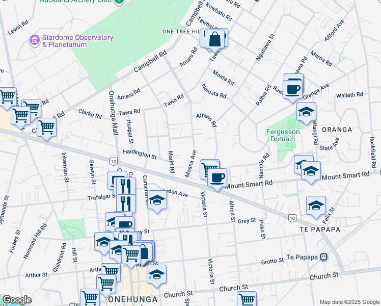 map of restaurants, bars, coffee shops, grocery stores, and more near 22 Moana Avenue in Auckland