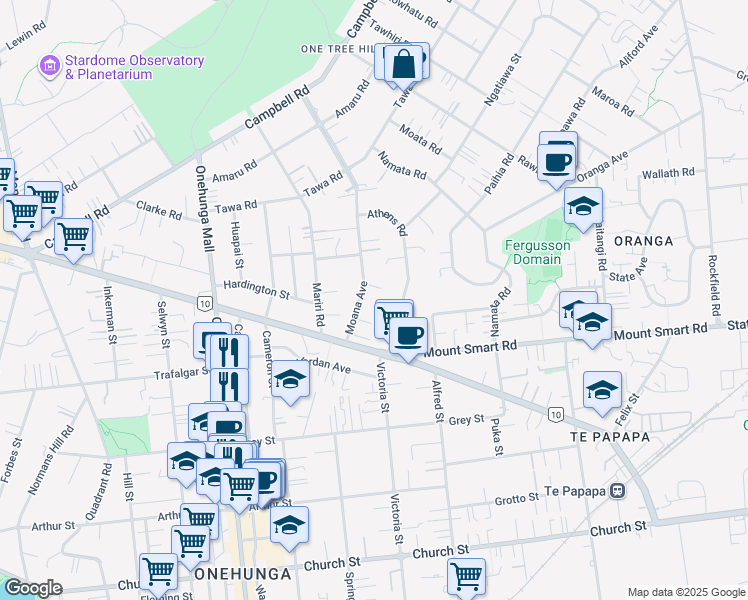 map of restaurants, bars, coffee shops, grocery stores, and more near 17 Moana Avenue in Auckland