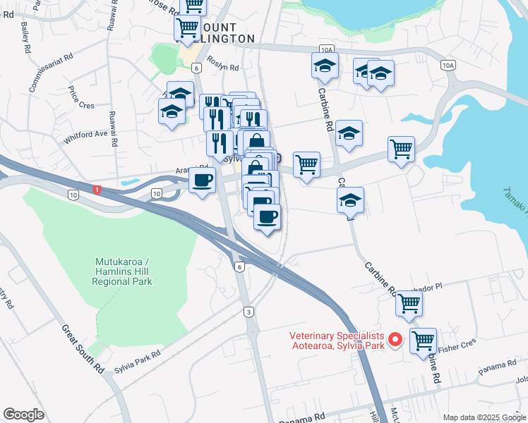 map of restaurants, bars, coffee shops, grocery stores, and more near 286 Mount Wellington Highway in Auckland