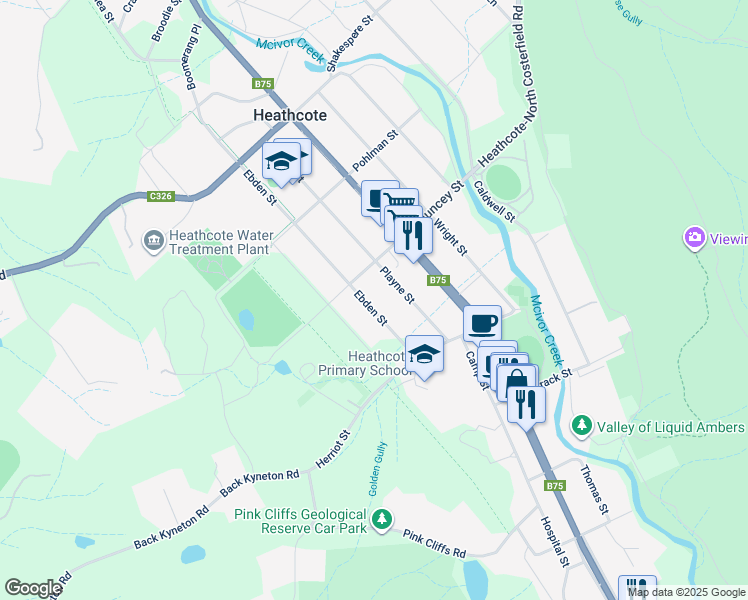map of restaurants, bars, coffee shops, grocery stores, and more near 20 Ebden Street in Heathcote